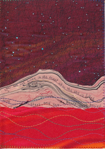 Desert Night © Quinn McDonald. Fabric, marbled paper, stitching on watercolor paper background.