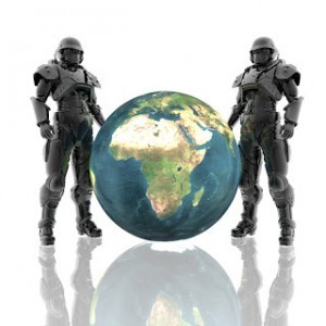 3d soldiers in a gas mask with earth isolated on a white