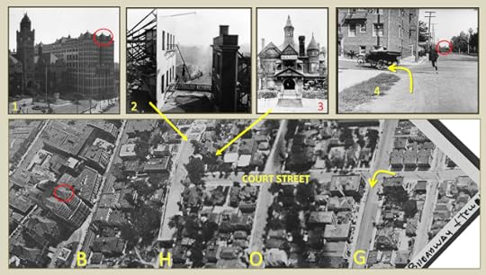 This 1919 aerial view looking south situates the Bradbury Mansion (3 - viewed from Hill St) and the Chestmere Apartments (arrow). The south overlook of the Hill Street Tunnel (2) is where Lloyd and many other comedians filmed stunt comedies. The movie frame oval shows the tower of the former Hall of Records (1). Street index - (B) Broadway, (H) Hill Street, (O) Olive Street, (G) Grand Avenue. Watson Family Photographic Archive