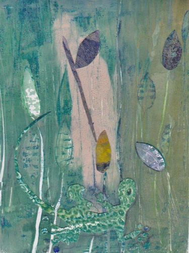 Collage from monoprints. The chameleon can hide from predators using protective coloring. It can also miss out on opportunities by blending in too thoroughly.