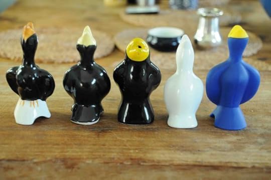 China blackbirds. Approximate date of manufacture (from left to right): 1970s, 1980s, 1990s, 2000s, 2010.