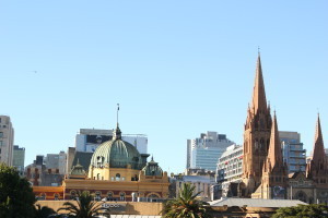 Flinders Street station and St Paul's Cathedral from Princes Street Bridge