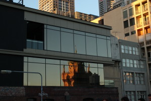 Refleciton of the Forum Theatre tower