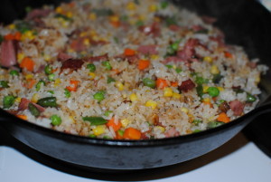Fried rice with turkey bacon.