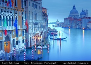 Italy - Venice - Venezia - Basilica di Santa Maria della Salute - The Basilica of St Mary of Health & Grand Canal - Canal Grande - Cana³asso - One of the major water-traffic corridors in the city - UNESCO World Heritage Site - Dusk - Dawn - Twilight - Blue Hour