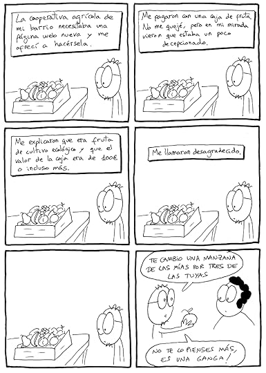 Cómic sobre una cooperativa agrícola y una caja de frutas de cultivo biológico.