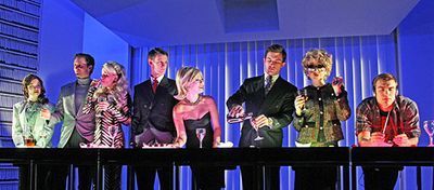 Cassandra Compton (Jean), Ben Aldridge (Paul Owen), Katie Brayben (Courtney Lawrence), Matt Smith (Patrick Bateman), Susannah Fielding (Evelyn Williams), Jonathan Bailey (Tim Price), Gillian Kirkpatrick (Patrick's Mother) and Tom Kay (Sean Bateman). Photo: Marilyn Kingwill