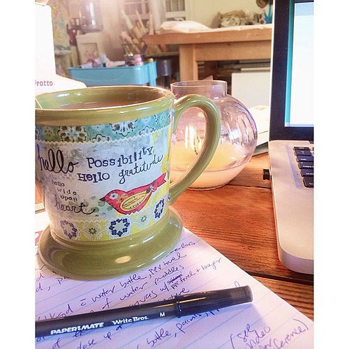 Currently spending a couple of hours editing videos for my upcoming painting ecourse. I grabbed the "hello possibility, hello gratitude" mug. Seemed appropriate. It also says "hello wide open heart" which is a great reminder as I pour myself into this pro