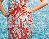 Elegant Hand Painted Silk Cotton Beach Pareo Sarong with Coral Reef Red Blue White 45 X 54 Beach Fashion Summer Vacations - LigaKandele