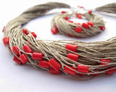 Red Coral Linen Necklace Bracelet Linen Jewelry Multi Strand Natural Fiber Summer Fashion - DreamsFactory