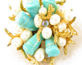 VOGUE Chunky CORAL REEF Freshwater Pearls Turquoise Blue Art Glass Brooch - RockbiterAntiques