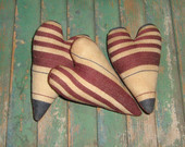 3 Americana Heart Ornaments - Bowl Fillers - Tucks - Shelf Sitters - cranberry burgundy blue off-white natural - PrairiePrimitives