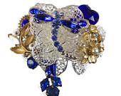 Dragonfly Cuff Bracelet - Vintage Assemblage Collage - Silver Plated - Blue Rhinestones - InVintageHeaven - InVintageHeaven