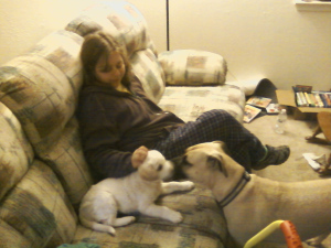 Me, feverish, adoring my new dog.