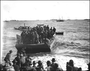 After steaming into waters near Nome, prospectors then jumped into small boats and headed to the beaches to find their fortunes.