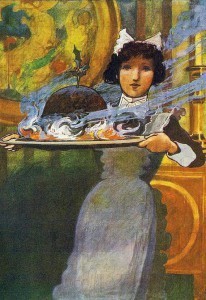 A maid serves Flaming Christmas Plum Pudding