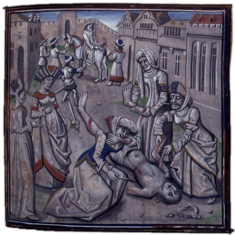 Medieval picture of the death of Andronikos, emperor of Byzantium.