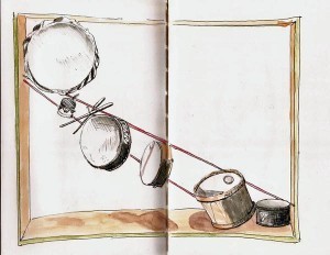 I saw this drum display as an opportunity to practice orienting ellipses as each drum was positioned differently. Stillman & Birn Zeta (6x9), Wahl-Eversharp pen, Lexington Gray ink