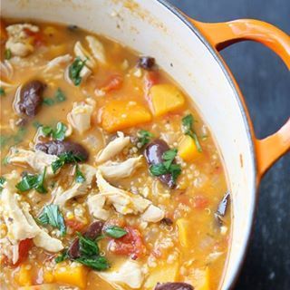 Hearty Chicken Stew with Butternut Squash & Quinoa Recipe!! Ingredients: 1 1/2 lb. butternut squash, peeled, seeded & chopped into 1/2-inch pieces 3 1/2 cups chicken broth 1 1/2 lb. boneless, skinless chicken thighs 1 tbsp olive oil 1 medium yellow onion, finely chopped 1/2 tsp kosher salt 4 cloves garlic, minced 1 1/2 tsp dried oregano 1 can (14 oz) petite diced tomatoes 2/3 cup uncooked quinoa 3/4 cup pitted and quartered kalamata olives Freshly ground black pepper, to taste 1/4 cup minced fresh flat-leaf parsley How To: -Steam the butternut squash until barely tender, about 10 minutes. Remove half of the squash pieces and set aside. -Steam the remaining squash until very tender, an additional 4 to 6 minutes. Mash this squash with the back of a fork. Set aside. -In a large saucepan set over medium-high heat, bring the chicken broth to a simmer. -Add chicken thighs, cover, and cook until chicken is cooked through, about 15 minutes. -Transfer the chicken thighs to a plate and allow to cool. Pour broth into a medium-sized bowl. -Return the saucepan to the stovetop and lower heat to medium. Add olive oil. -Add onion and cook, stirring occasionally, until onion is starting to turn brown, 8 to 10 minutes. -Add the salt, minced garlic and oregano. Cook, stirring, for 1 additional minute. -To the saucepan, add tomatoes, butternut squash pieces, mashed butternut squash. Stir to combine. -Stir in reserved chicken broth and quinoa. Bring to a simmer, cover and cook until the quinoa turns translucent, about 15 minutes. -Shred the chicken with your fingers or a fork. -Stir the chicken, olives and pepper into the stew and simmer, uncovered, to heat, about 5 minutes. -Stir in parsley and serve. Share & Enjoy!!