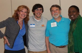 L to R: Sonia Marsh, founder of Gutsy Indie Publishers, with Thom Kephart, Community Outreach Manager for Amazon.com, author/editor/publisher Larry Edwards, and author Flora Brown, at Jan. 25 PWSD meeting.