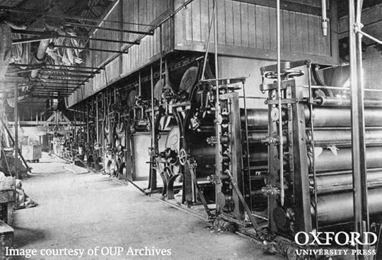 Fourdrinier paper-making machine in Wolvercote Mill in the late 19th century. From The History of Oxford University Press.