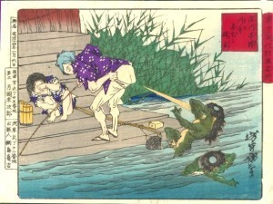 Japanese man chasing away an aquatic lizard monster by farting