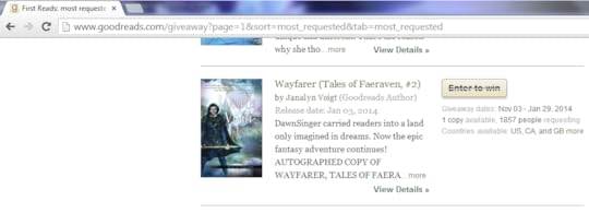 Wayfarer by Janalyn Voigt on Page One of Most Requested Giveaways on Goodreads