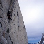 On moderate terrain near the top of A Fine Piece, Cerro Torre in the background