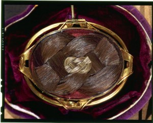 Verso of oval portrait miniature in gold case, showing James Madison's hair in braided pattern. 1783. Prints and Photographs Division. 