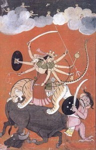Picture of the Hindu warrior Goddess Durga killing Mahishasura