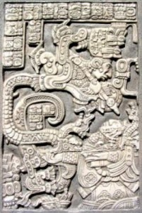 Lady Xoc of Yaxchilan receives message from ancestor emerging from mouth of Vision Serpent
