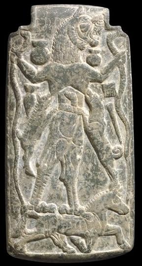 An amulet with a representation of Lamashtu standing on a donkey, suckling <br />a jackal and a wild pig. Dated to 800-550 BCE.