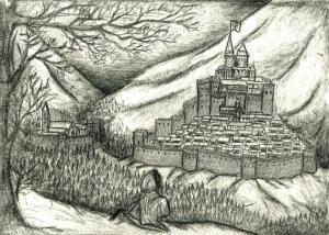 Fan art of city of Durgven and neighbouring Turamen monastery. Skulky figure in foreground may be Kehfrey/Herfod. I like to think it is. 