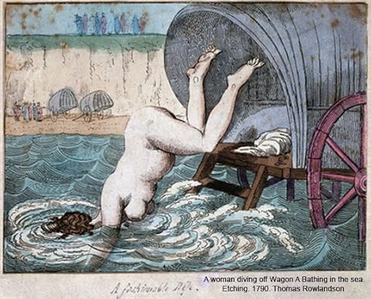 A woman diving off a bathing wagon in to the sea. Coloured e
