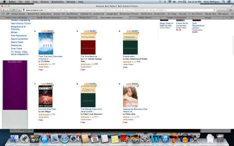 Enormity reached #7 on Amazon's science fiction ebook charts.
