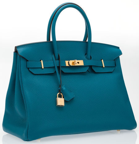 Luxury Accessories:Bags, Hermes 35cm Blue Izmir Clemence Leather Birkin Bag with GoldHardware. Pristine Condition. 14" Wid Image #1