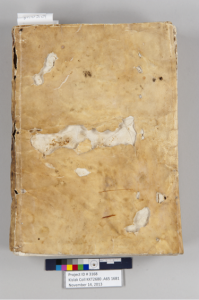 Note the holes on the left side of the cover. The sewing supports should be visible there but they are missing. Loss in the vellum is highlighted on the right hand side. 