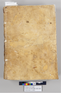 The front cover after repairs have been made. The vellum is now attached to the text block with new sewing supports, highlighted on the left. Losses to the vellum have been filled.
