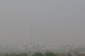 Barely visible: North Korea's flag pole and propaganda village