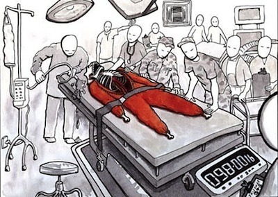 A hallucinatory image of force-feeding at Guantanamo by Sami al-Haj, as reproduced by British artist Lewis Peake in 2008, based on a drawing by Sami that the Pentagon censors refused to allow the public to see. The drawings, one of a series of five, were commissioned by Sami's lawyers at Reprieve, the London-based legal action charity.