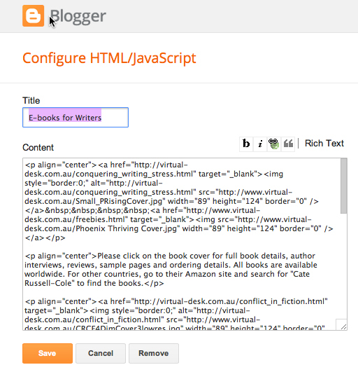What bloggers html gadget looks like with my code in it for my books.