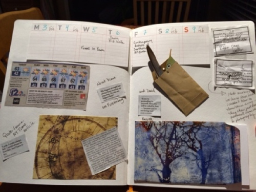 I decided to use a watercolor sketch book and added sticky-note weekly calendar pages. This page shows some envelopes I made to hold painted leaves and feathers.