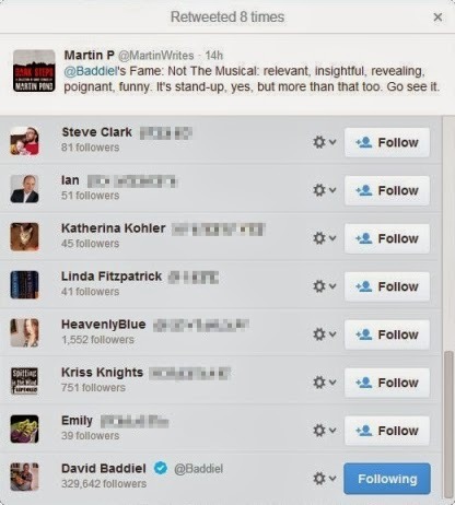 The retweets of my review of David Baddiel's "Fame: not the musical"