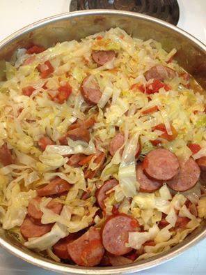 Photo: FRIED CABBAGE WITH SAUSAGE (great for low carbers) This is a quick and easy dish. 1 stick butter or margarine 1 small head of cabbage, chopped 1 small onion, chopped 1 pound smoked sausage, sliced into round pieces (I use turkey) 1 (15 ounce) can diced tomatoes or rotel tomatoes 1/2 teaspoon salt 1/2 teaspoon pepper Melt butter in large skillet. Add cabbage, onion, and cook on medium high for about 5 minutes stirring to keep from sticking to pan. Add remaining ingredients, cover and simmer for 20 – 25 minutes. Makes about 8 servings. Only 4 g net carbs per serving. Don't forget to SHARE or TAG yourself if you see something that you like so that it saves to your timeline!
