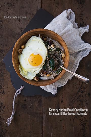 Savory Kasha {Buckwheat Porridge} #recipe w/ Parmesan, Bitter Greens, and Toasted Hazelnuts via FoodforMyFamily.com