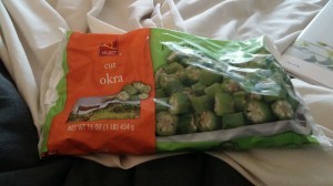 Switching off between frozen okra and frozen peas.
