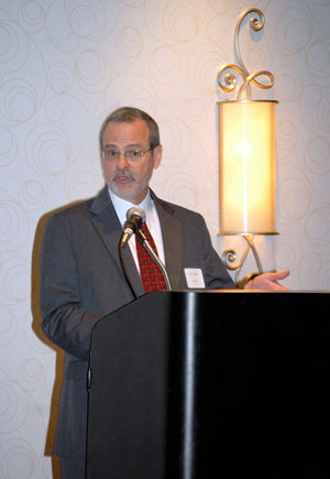 Catholic Speaker Gary Zimak addressing the St. Maria Goretti Altar Rosary Society at the annual Ladies Candlelight Dinner in Carmel, Indiana
