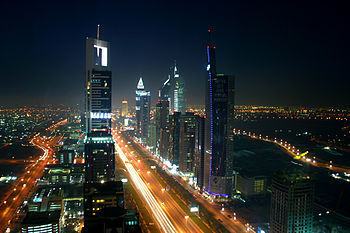Nightscape of the high-rise section of Dubai, ...