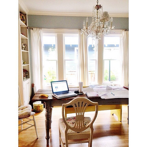 It's a rare day when I have the house all to myself. Today I'm working in the dining room and loving every minute of these last few weeks here. I think we will take the chandelier with us when we move! Also, note the giant cup of tea, and giant papers. It