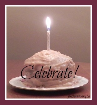 Cake with candle and caption: celebrate!